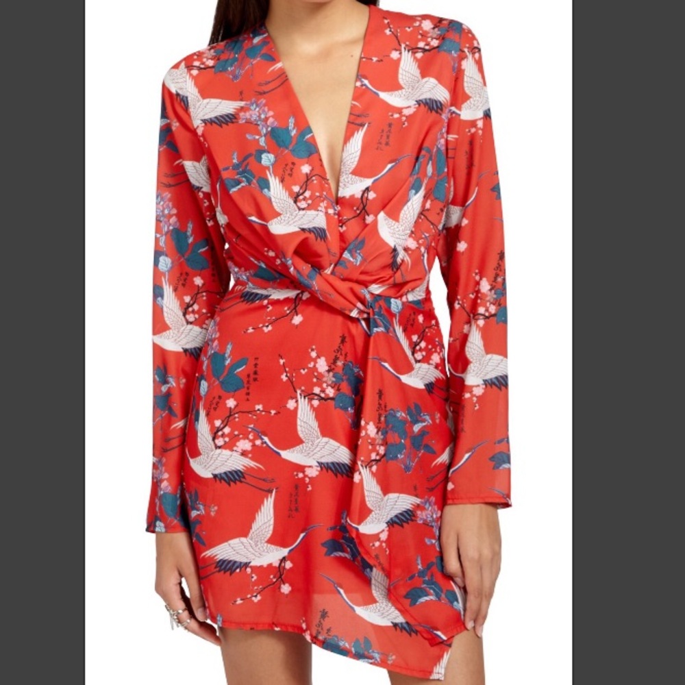 Missguided Red Floral Crane Wrap Dress